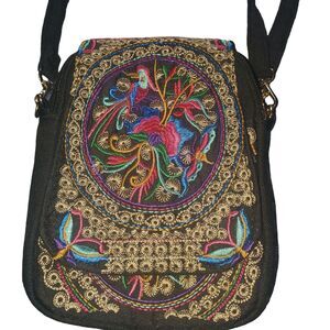 Women's Small Boho Floral Embroidery Canvas Crossbody Zip with Magnetic Closure
